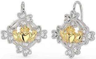 Diamant Blanc Jaune Or Claddagh Trèfle Pendre Des boucles d'oreilles