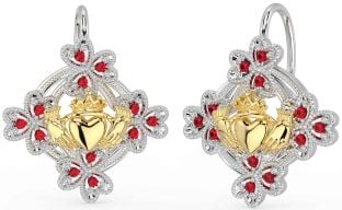 Diamante Blanco Amarillo Oro Claddagh Trébol Colgar Pendientes