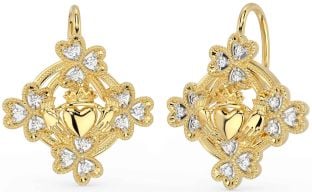 Diamant Gold Claddagh Kleeblatt Baumeln Ohrringe