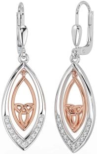 Diamond Rose Gold Silver Celtic Trinity Knot Dangle Earrings