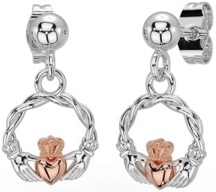 Rose Gold Silver Celtic Claddagh Dangle Earrings
