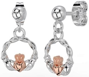 White Rose Gold Celtic Claddagh Dangle Earrings