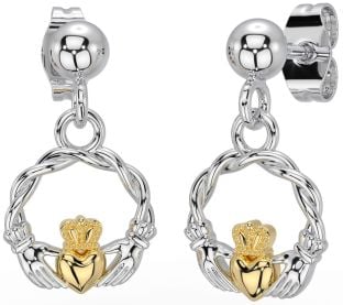 White Yellow Gold Celtic Claddagh Dangle Earrings