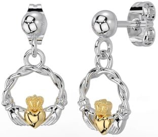 White Yellow Gold Celtic Claddagh Dangle Earrings