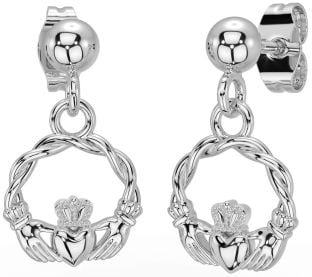 White Gold Celtic Claddagh Dangle Earrings
