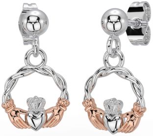 Rose Gold Silver Celtic Claddagh Dangle Earrings