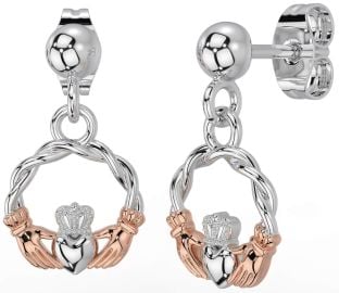 White Rose Gold Celtic Claddagh Dangle Earrings