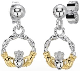 White Yellow Gold Celtic Claddagh Dangle Earrings