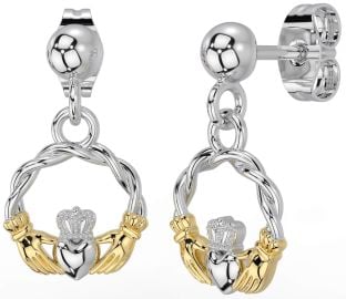 White Yellow Gold Celtic Claddagh Dangle Earrings
