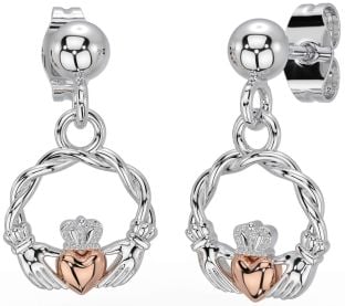 White Rose Gold Celtic Claddagh Dangle Earrings