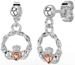 White Rose Gold Celtic Claddagh Dangle Earrings
