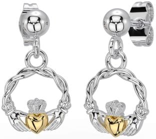 White Yellow Gold Celtic Claddagh Dangle Earrings