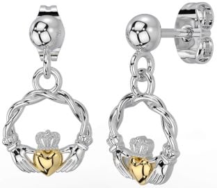 White Yellow Gold Celtic Claddagh Dangle Earrings