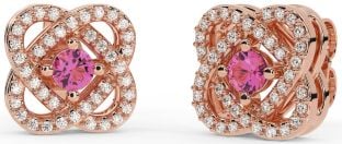 Diamond Pink Tourmaline Rose Gold Silver Celtic Stud Earrings