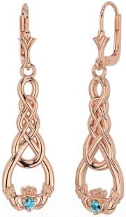 Aquamarine Rose Gold Silver Celtic Claddagh Dangle Earrings