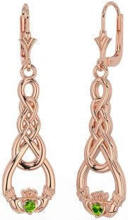 Peridot Rose Gold Silver Celtic Claddagh Dangle Earrings