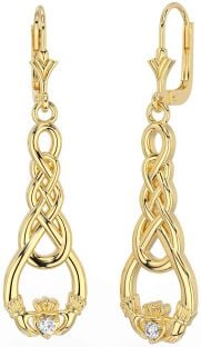 Diamond Gold Silver Celtic Claddagh Dangle Earrings