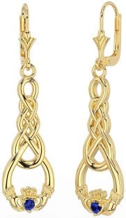 Sapphire Gold Silver Celtic Claddagh Dangle Earrings