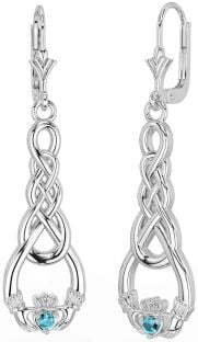 Aquamarine Silver Celtic Claddagh Dangle Earrings