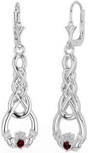Garnet Silver Celtic Claddagh Dangle Earrings