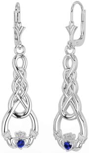 Sapphire Silver Celtic Claddagh Dangle Earrings