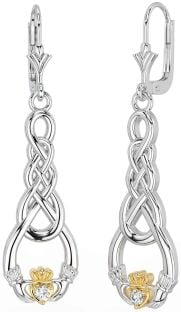 Diamond Gold Silver Celtic Claddagh Dangle Earrings