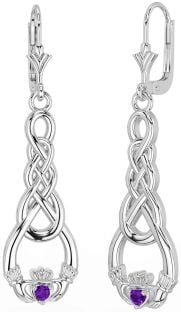 Amethyst White Gold Celtic Claddagh Dangle Earrings