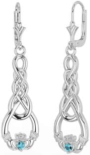 Aquamarine White Gold Celtic Claddagh Dangle Earrings