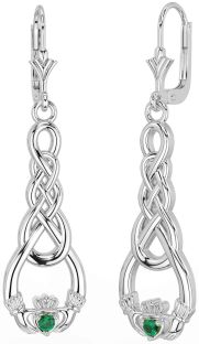 Emerald White Gold Celtic Claddagh Dangle Earrings