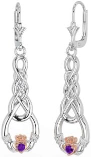 Améthyste Blanc Rose Or celtique Claddagh Pendre Des boucles d'oreilles