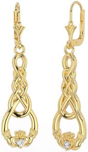 Diamond Gold Celtic Claddagh Dangle Earrings