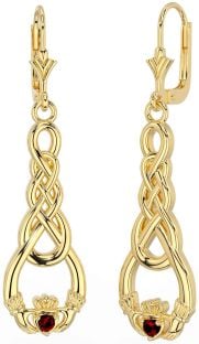 Garnet Gold Celtic Claddagh Dangle Earrings