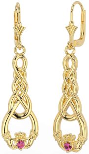 Pink Tourmaline Gold Celtic Claddagh Dangle Earrings