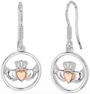 White Rose Gold Claddagh Dangle Earrings