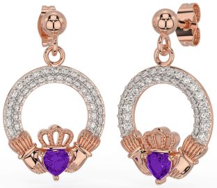 Diamond Amethyst Rose Gold Silver Claddagh Dangle Earrings