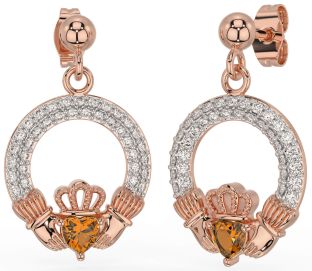 Diamante Citrino Rosa Ouro Prata Claddagh Pendurar Brincos