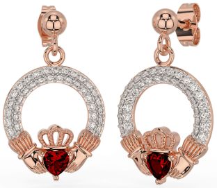 Diamond Garnet Rose Gold Silver Claddagh Dangle Earrings