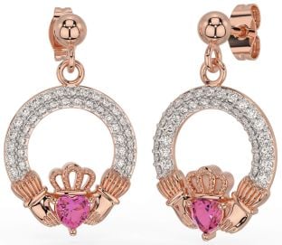 Diamante Rosa Tormalina Rosa Oro Argento Claddagh Penzolare Orecchini