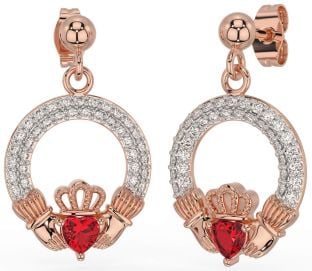 Diamond Ruby Rose Gold Silver Claddagh Dangle Earrings