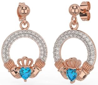 Diamond Topaz Rose Gold Silver Claddagh Dangle Earrings