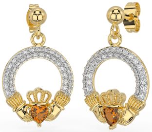 Diamond Citrine Gold Silver Claddagh Dangle Earrings