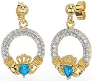 Diamond Topaz Gold Silver Claddagh Dangle Earrings