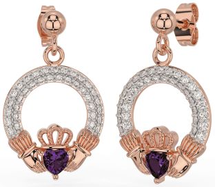 Diamond Alexandrite Rose Gold Claddagh Dangle Earrings