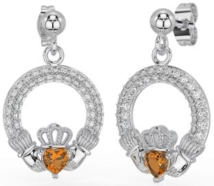 Diamond Citrine Silver Claddagh Dangle Earrings