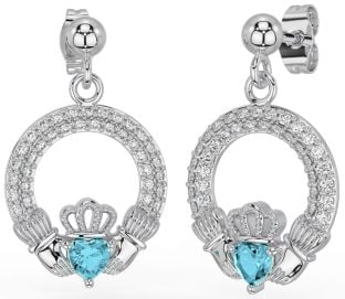 Diamante Aguamarina Blanco Oro Claddagh Colgar Pendientes