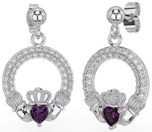 Diamond Alexandrite White Gold Claddagh Dangle Earrings