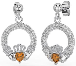 Diamant Citrine Blanc Or Claddagh Pendre Des boucles d'oreilles