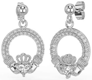 Diamante Bianco Oro Claddagh Penzolare Orecchini