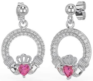 Diamond Pink Tourmaline White Gold Claddagh Dangle Earrings