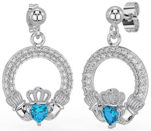 Diamante Topacio Blanco Oro Claddagh Colgar Pendientes